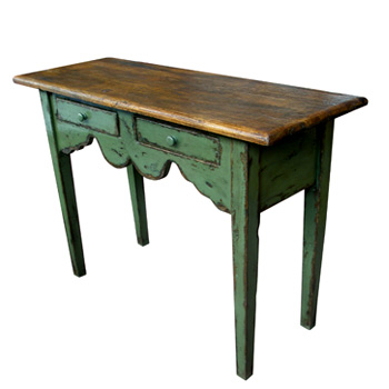 A green painted wood console with a natural wood top